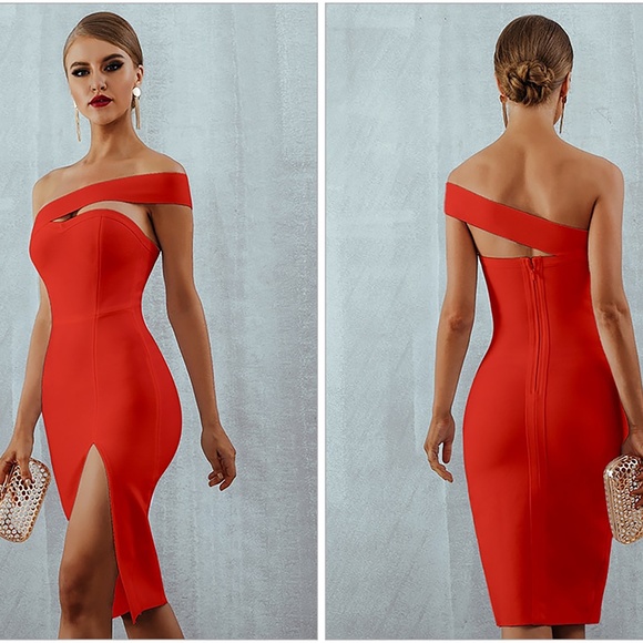 Bandage Cut Out One Shoulder Sexy Slit Bodycon Pencil Dress Red - Picture 2 of 7